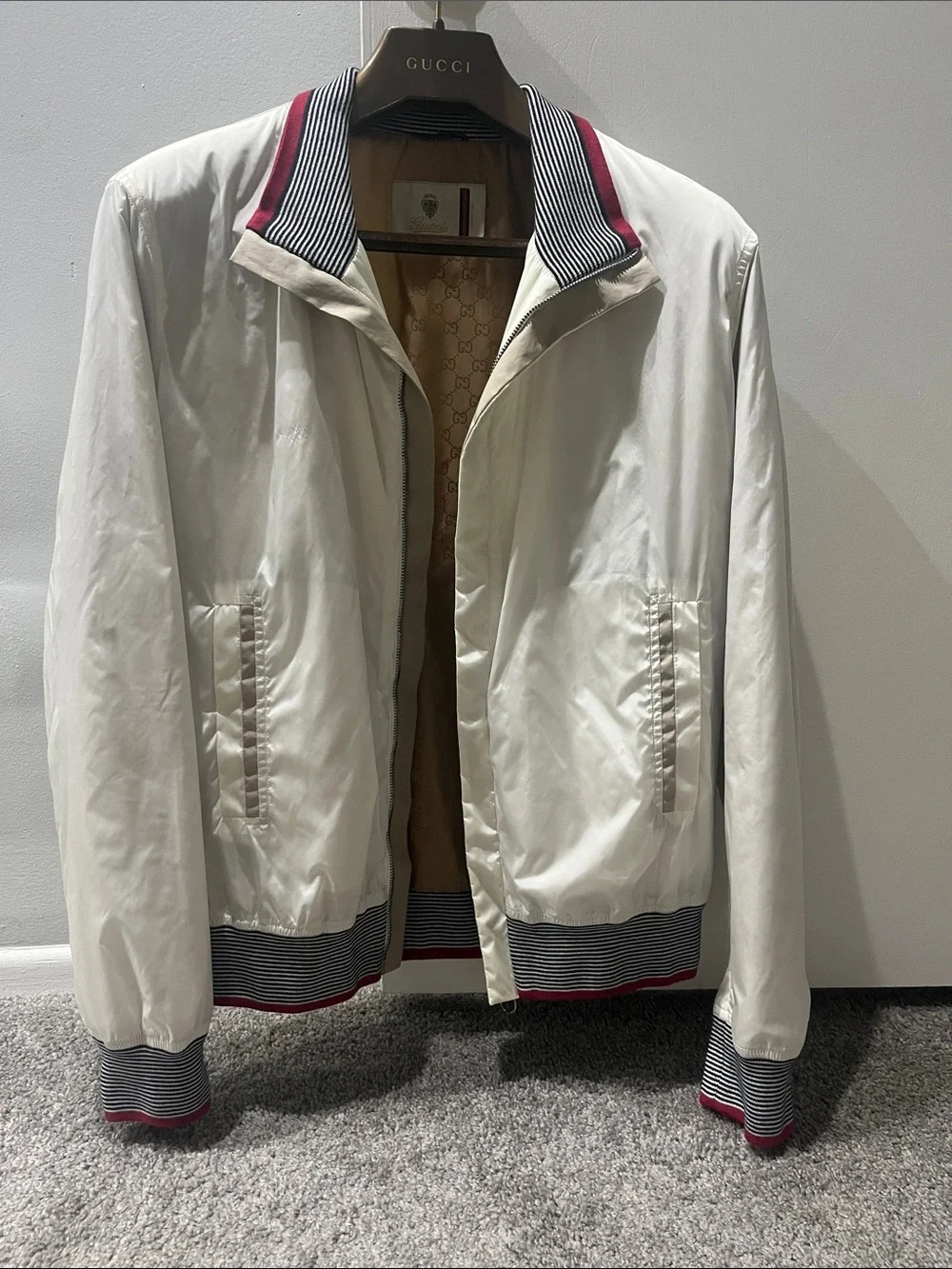 Gucci White Bomber Jacket with Navy-Striped and Red Trim